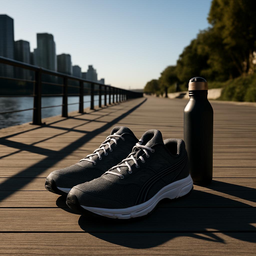 A pair of sneakers in the foreground, sitting on a wooden walkway, with a water bottle next to the left shoe, and a city s...